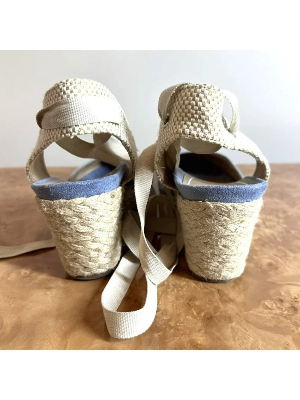 Vionic Aruba Maris Blue Suede Espadrille Wedge Sandals Lace-Up Ankle Tie Size 10